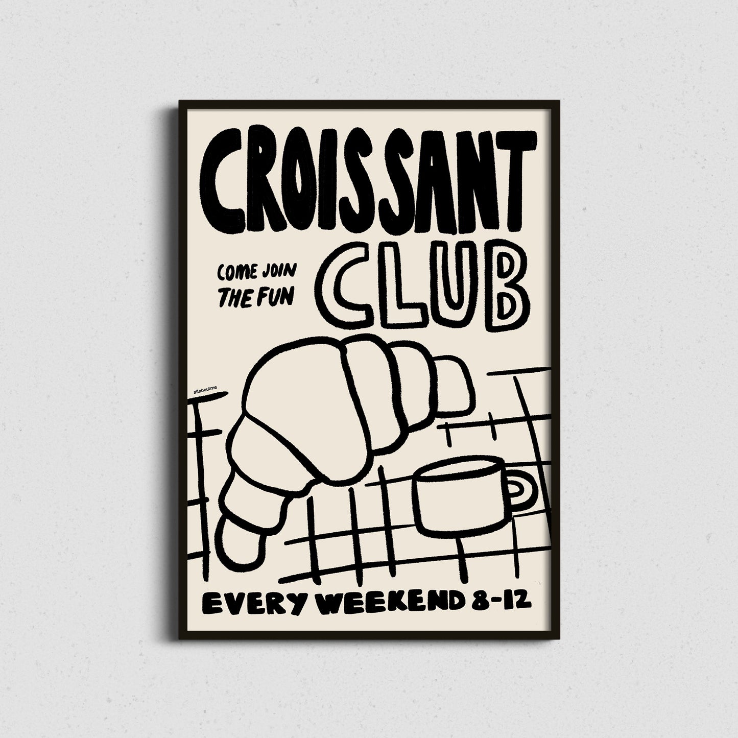 Framed poster with 'Croissant Club' text and a croissant illustration on a cream background