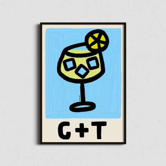 Framed artwork of a stylized cocktail glass with a lemon wheel on a blue and beige background.