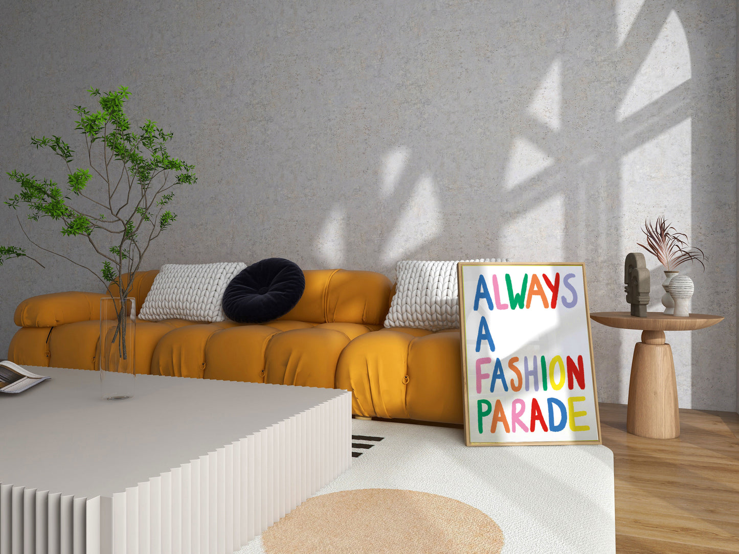 Modern living room with a yellow sofa, decorative sign, and plants.
