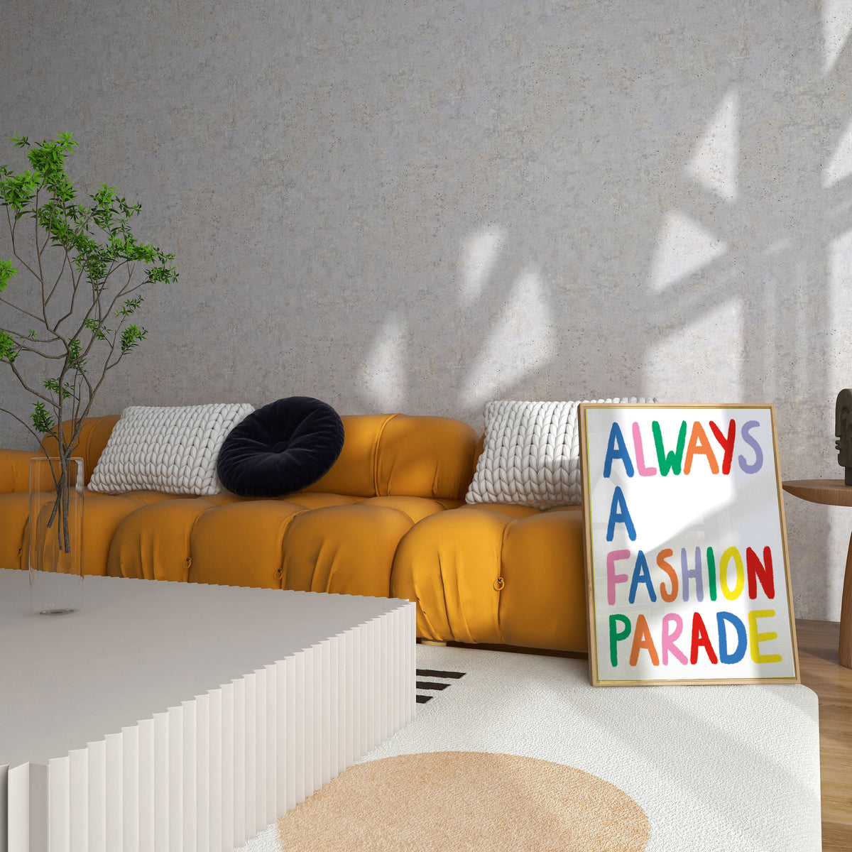 Modern living room with a yellow sofa, decorative sign, and plants.