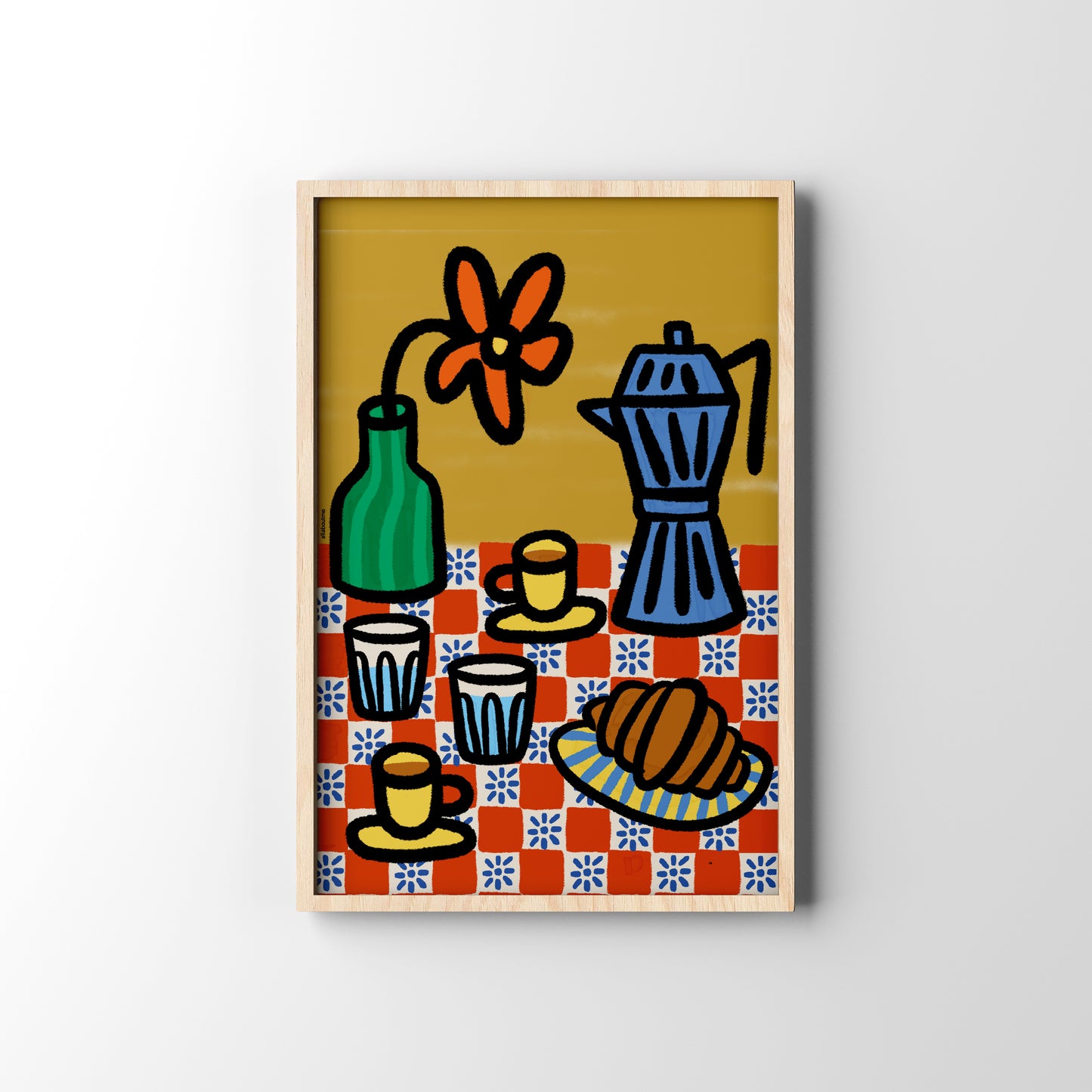 Framed artwork of a still life scene with a checkered tablecloth, coffee pot, cups, and a flower.