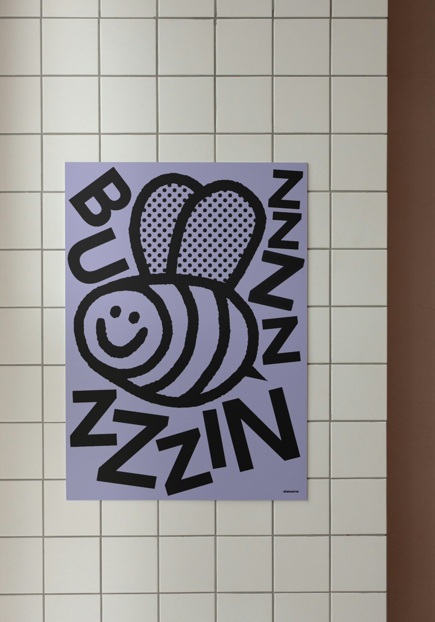Lilac Poster with a bee design and text on a tiled wall.