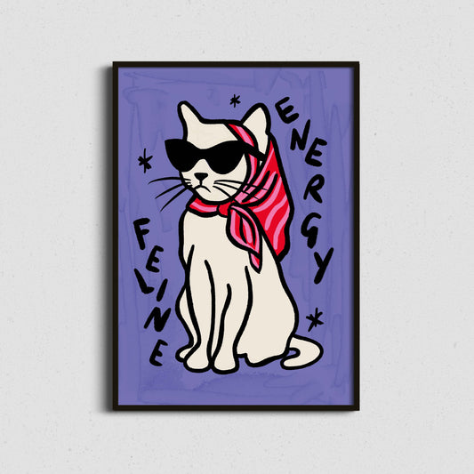Framed artwork of a cat wearing sunglasses and a red scarf with 'Feline Energy' text on a purple background.