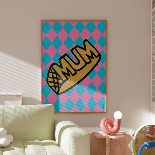 Colorful 'MUM' framed artwork in a living room setting