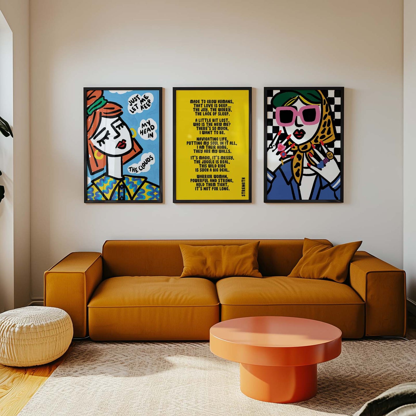 Soft, whimsical illustration inspired by dreaming, imagination and creativity.Living room with mustard yellow sofa, orange coffee table, and colorful wall art.