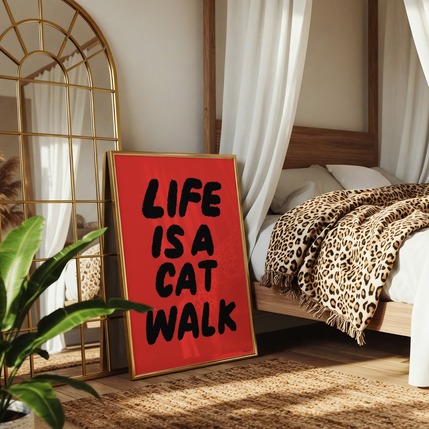 Decorative sign with 'Life is a Cat Walk' in a bedroom setting with a bed and mirror.