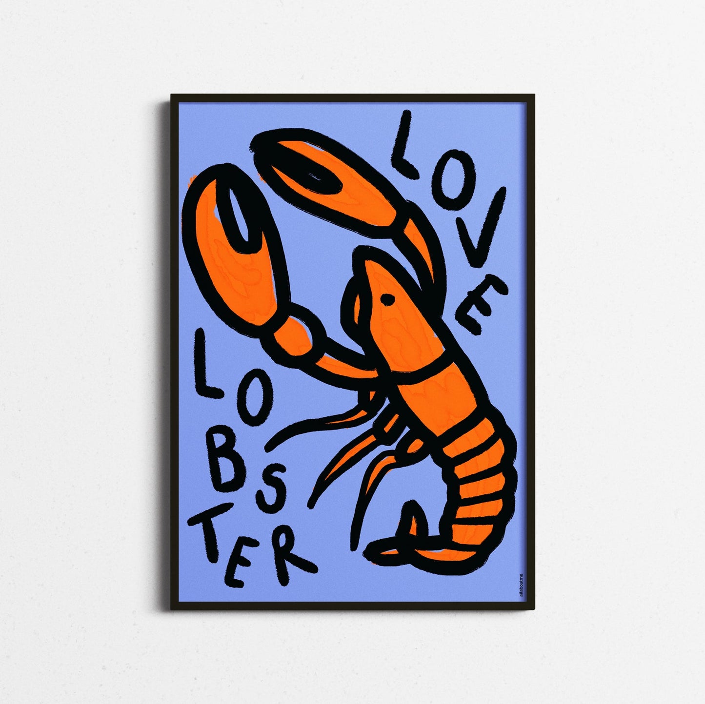 Framed artwork of a lobster with 'LOVE LOBSTER' text on a light blue background