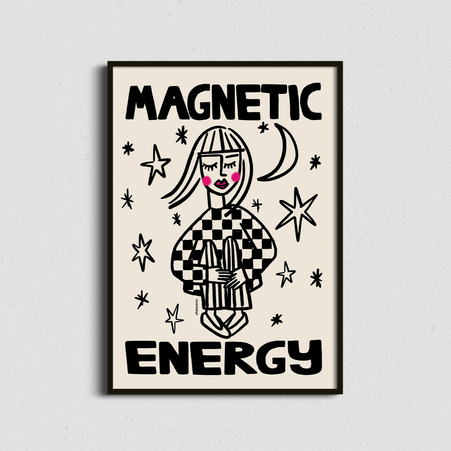 Framed artwork with a stylised illustration of a female celebrating female energy and confidence and text 'Magnetic Energy' on a cream background – vibrant and bold, perfect for energising a room.