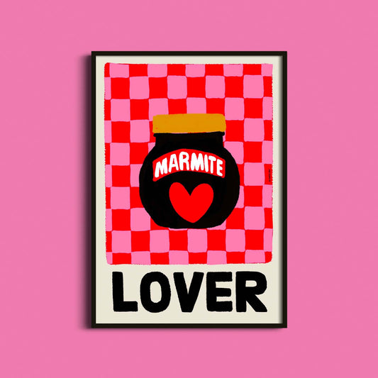Framed artwork with Marmite jar and 'LOVER' text on a pink red checkered background