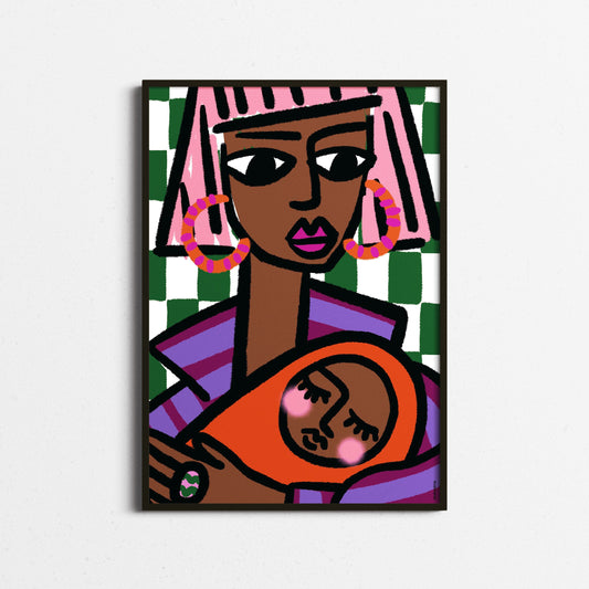 Blush-haired mum embracing baby with soft confidence, bold checkerboard background, set in a sleek black frame.