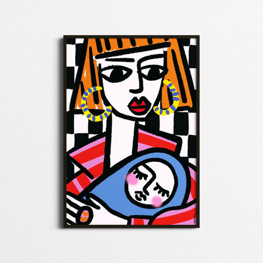 Empowered mum with bold orange hair holding baby, checkerboard backdrop, framed in black – celebrating motherhood with style. Abstract artwork with colorful design in frame.