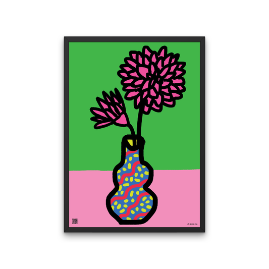 Framed artwork of a colorful vase with pink flowers on a green and pink background.Elegant Chrysanthemum birth flower print for November birthdays. Symbolises loyalty, joy, and a life full of meaning.