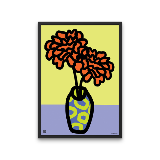 Warm Marigold print for October birthdays. Includes an uplifting audio poem celebrating creativity, courage, and autumn radiance. Framed artwork of orange flowers in a lilac vase on a yellow and purple background