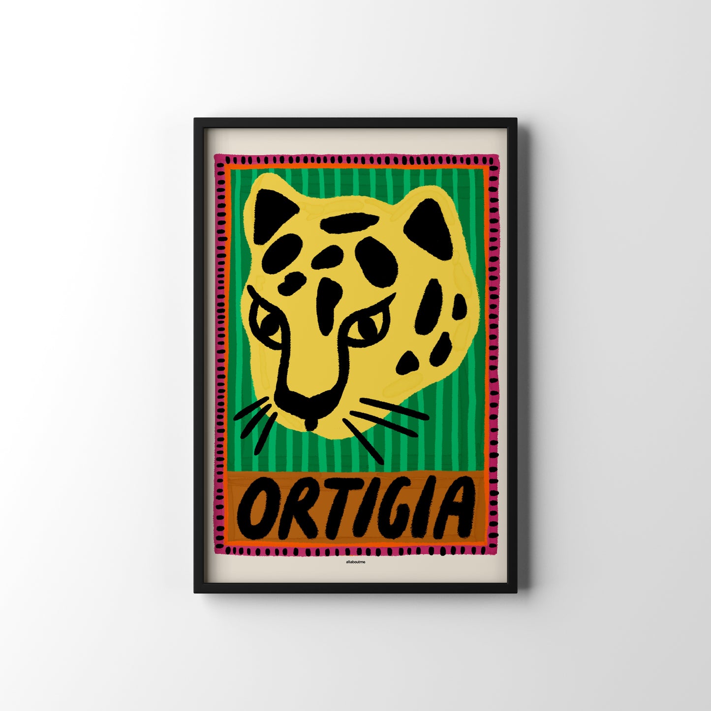 Framed poster with a leopard design on stripe and 'ORTIGIA' text on a white background