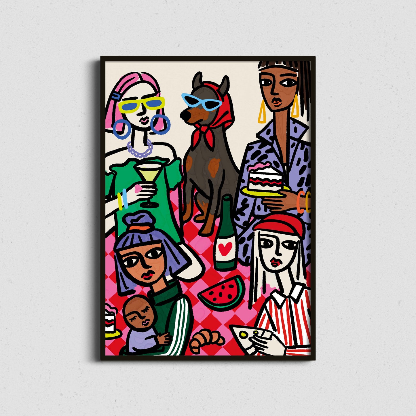 Colorful artwork of people and a dog on a white wall