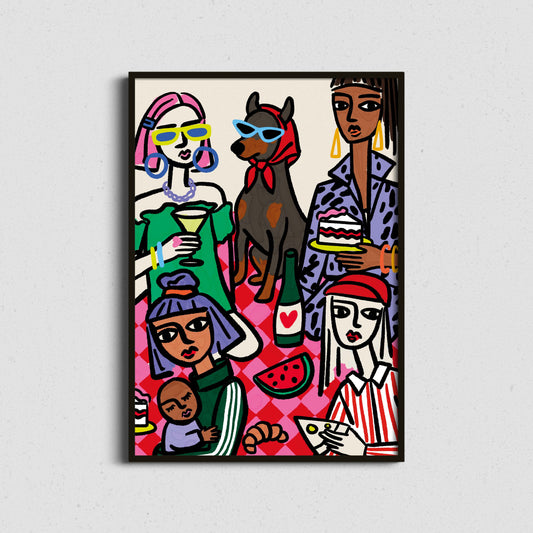 Colorful artwork of people and a dog on a white wall