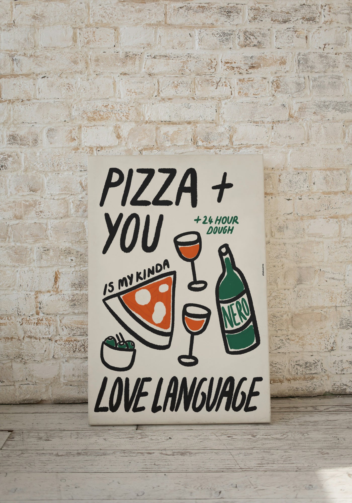 Poster with pizza and wine graphics against a brick wall.