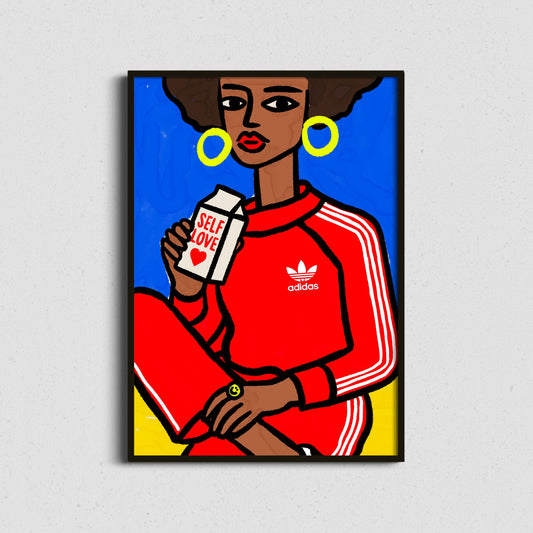 female illustration of a person wearing an Adidas tracksuit holding a 'Self Love' box against a blue background.