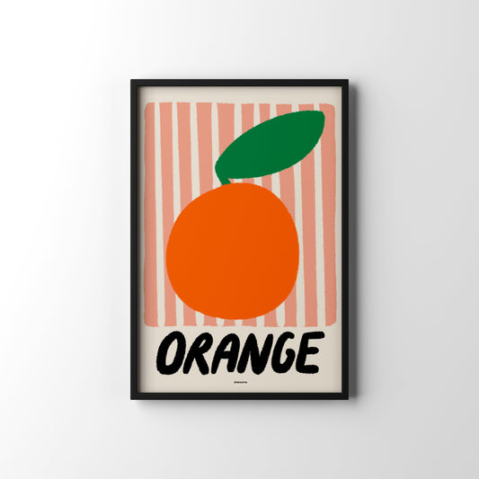 Framed poster of an orange with a green leaf on a striped background