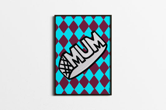 Decorative wall art with 'MUM' text on a blue and purple checkered background