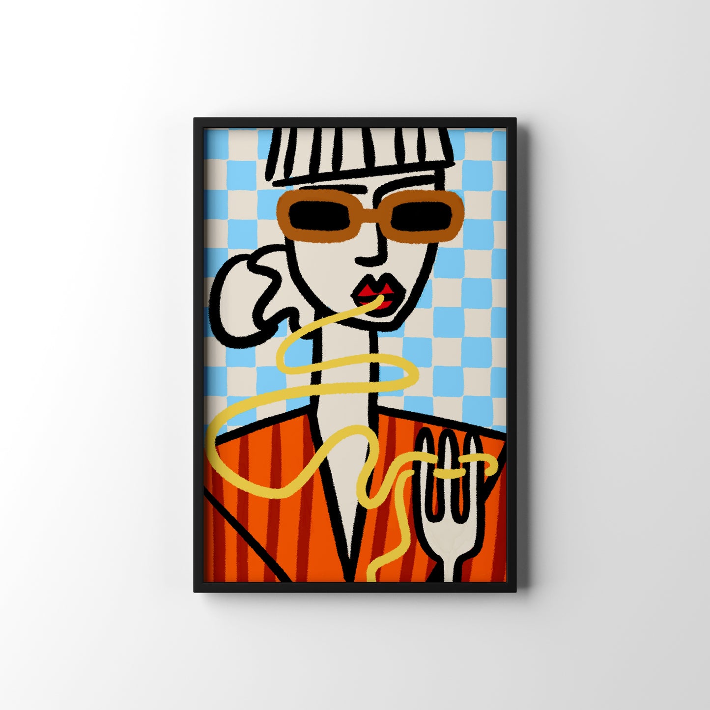 Framed artwork of a stylized female with sunglasses and pasta on a checkered background eating pasta