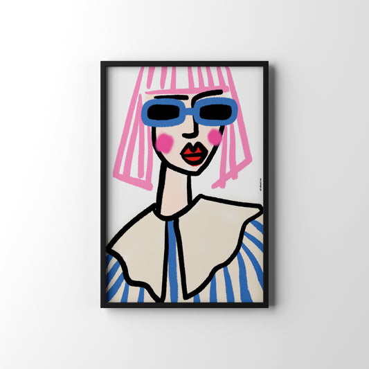 Framed artwork of a fashion girl with pink hair and blue sunglasses with red lips on a white background