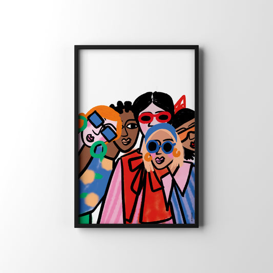 Framed artwork of five stylised females with colourful clothing and accessories on a white background