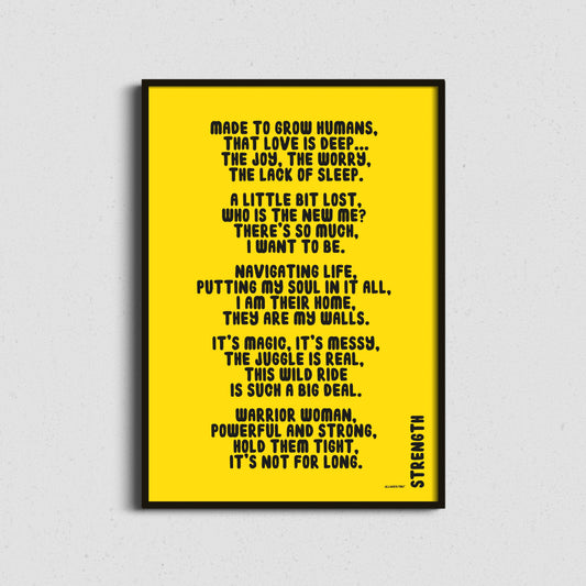 Framed Poetry art print exploring motherhood, strength and emotional resilience.yellow poster with black text on a light gray background