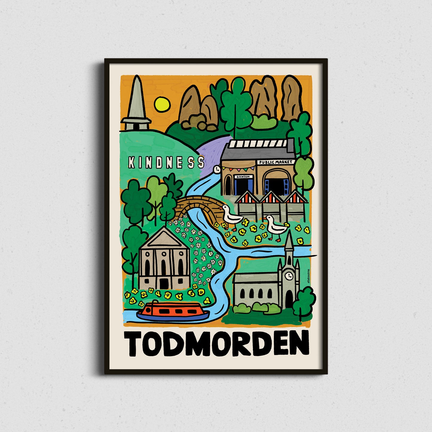 Framed illustration of Todmorden with buildings and nature elements on a white wall.