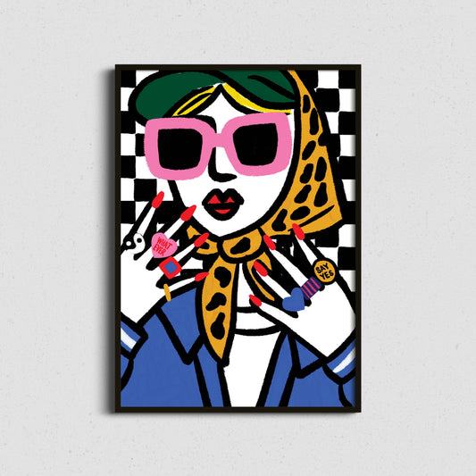 Colorful abstract art print of a stylized face with sunglasses and scarf on a checkered background.