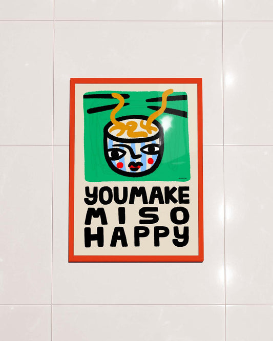 Hand drawn miso soup bowl with a cute face and playful lettering reading You Make Miso Happy Red Frame