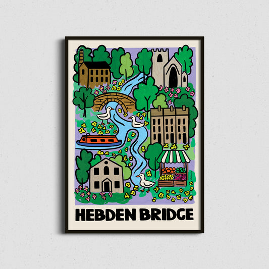 Framed location map artwork of Hebden Bridge with colourful illustration on a white background