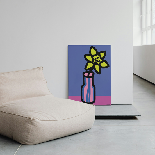 Abstract painting of a yellow daffodil birth flower in a pink stripe vase on a blue background, displayed in a modern living room.