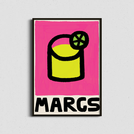 Framed artwork with a yellow margarita cocktail and lime on a pink background, featuring the word 'MARGS'.