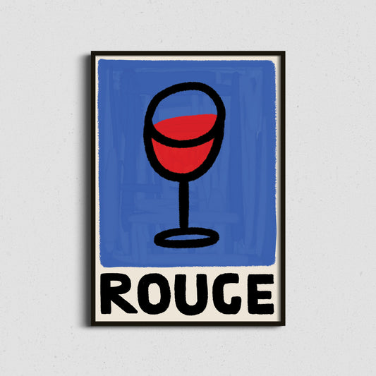 Framed artwork of a wine glass with red liquid and 'ROUGE' text on a blue background.