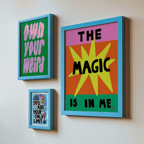 Gallery wall of framed typography prints featuring unapologetic motivational quotes like “Own Your Weird” and “You’re Only Limit.” Perfect for home offices or creative spaces.