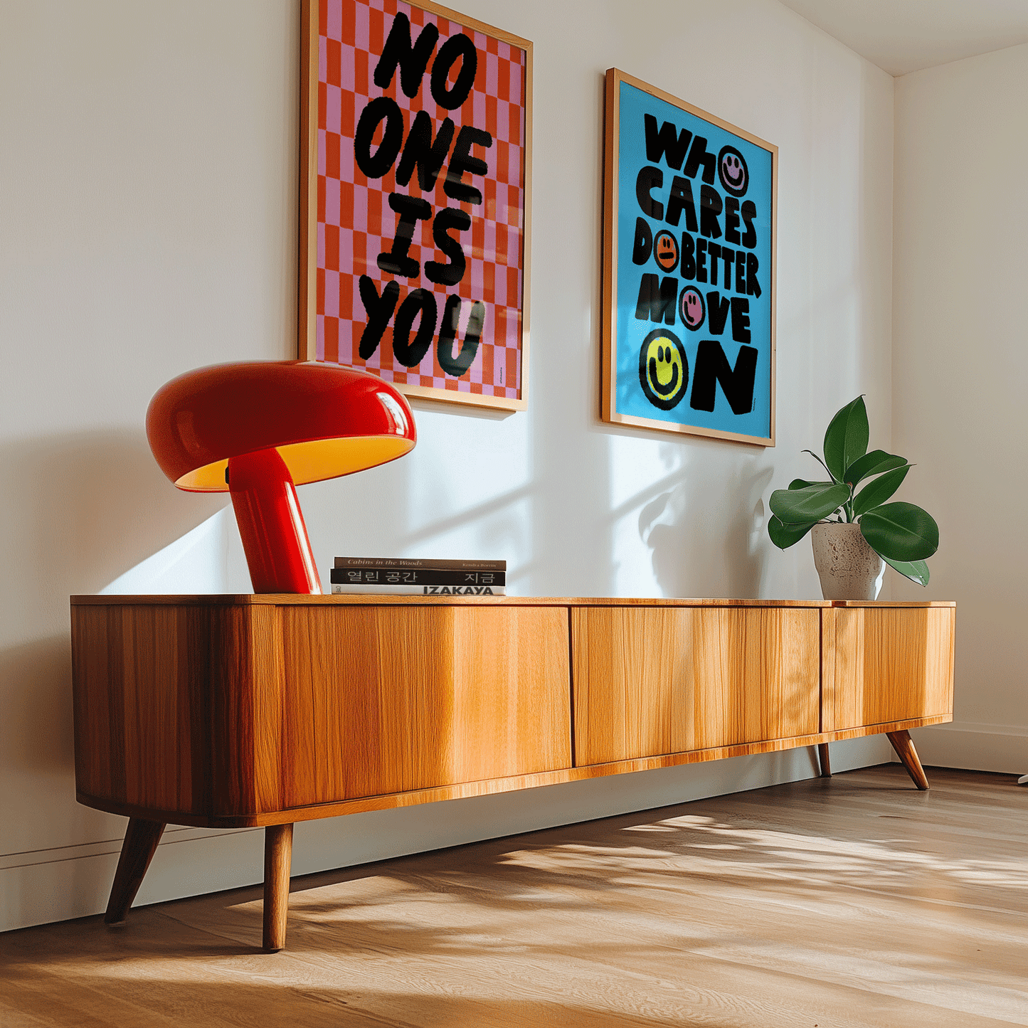 Gallery wall of framed typography prints featuring unapologetic motivational quotes like “no one is you” and “who cares do better move on.” Perfect for home offices or creative spaces.
