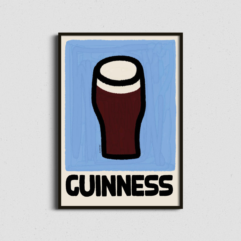 Framed Guinness poster with a glass of beer on a blue background