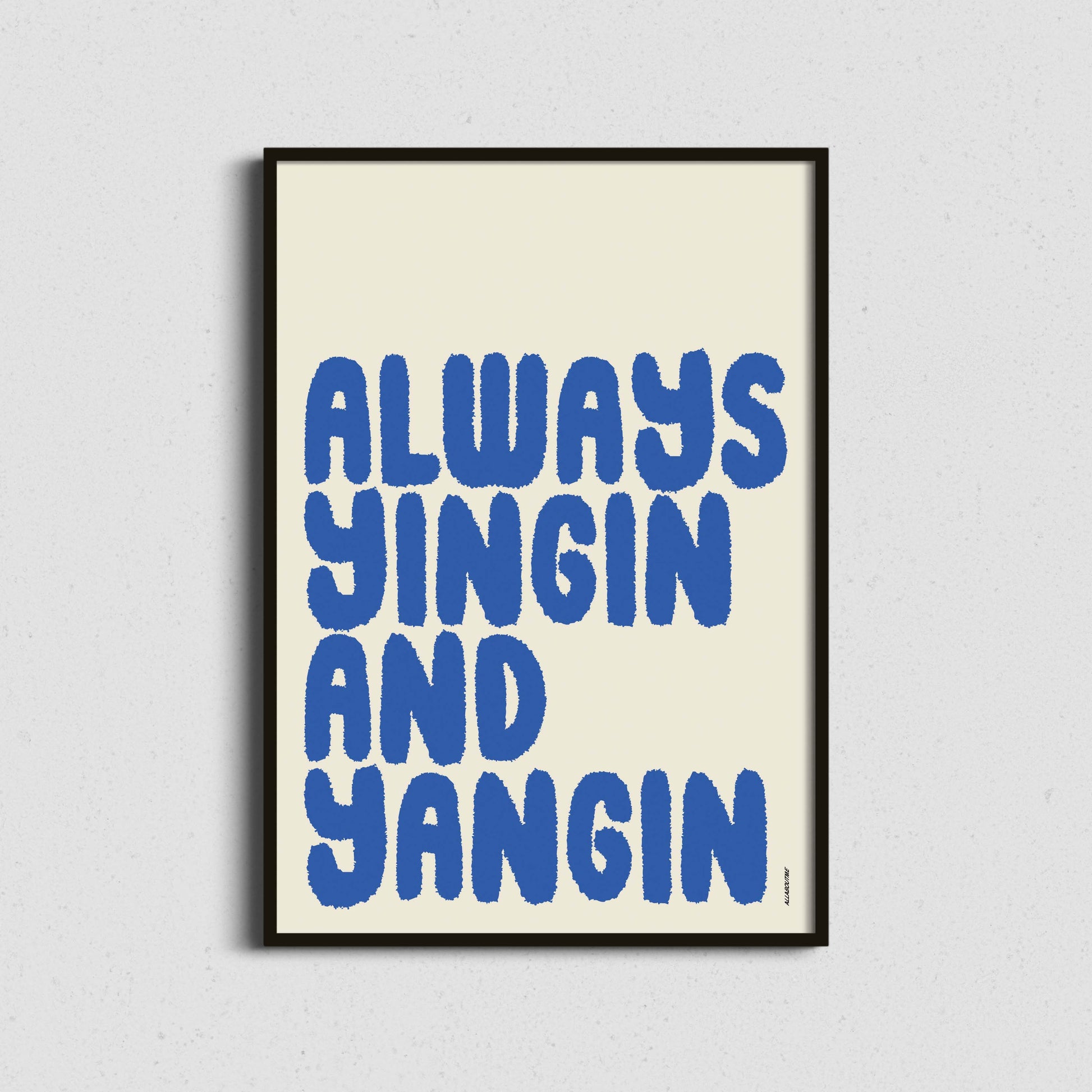  Playful illustration representing balance, self-doubt and confidence existing together in everyday life.Framed poster with blue text on a beige background