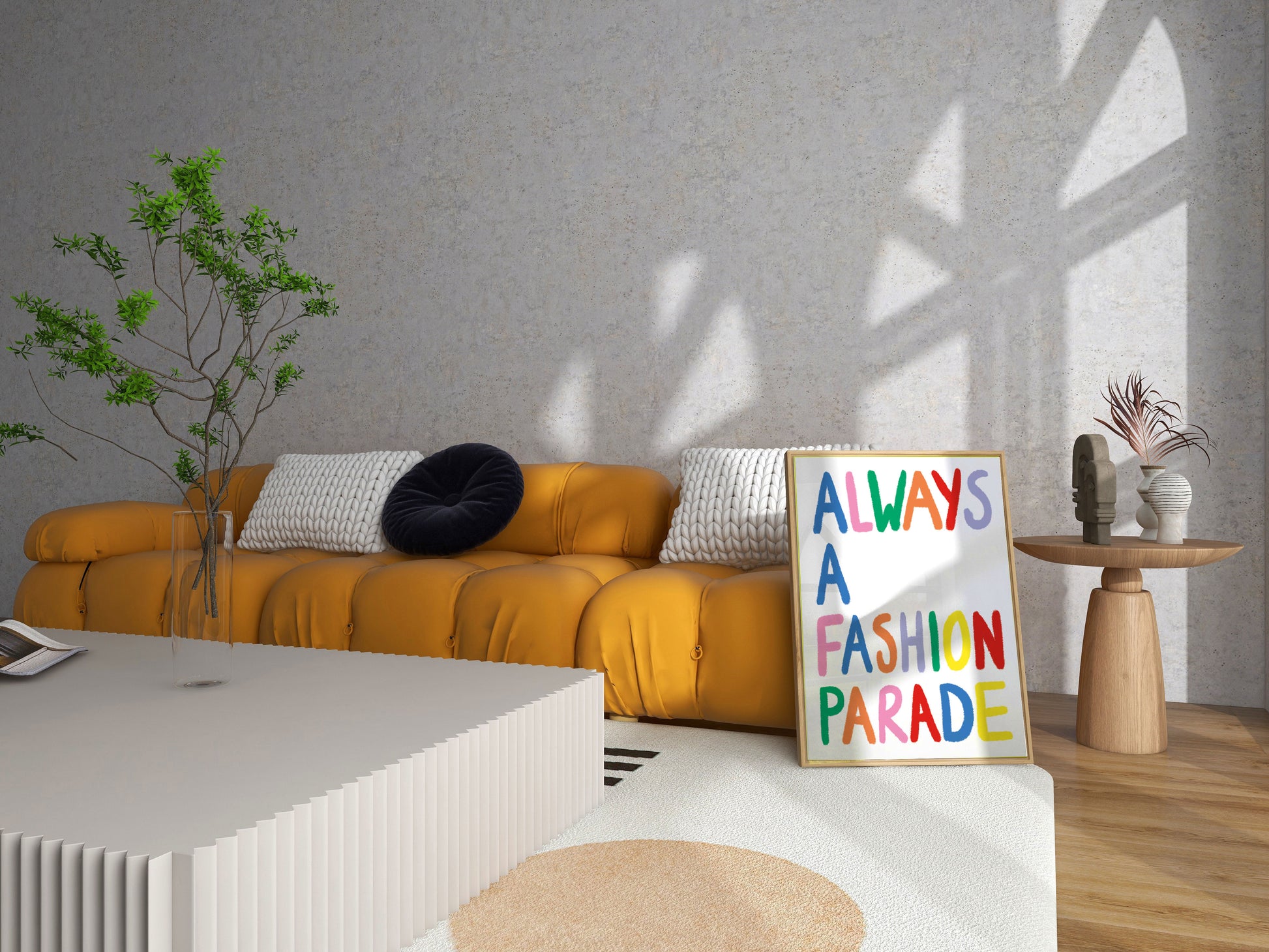Modern living room with a yellow sofa, decorative sign, and plants.