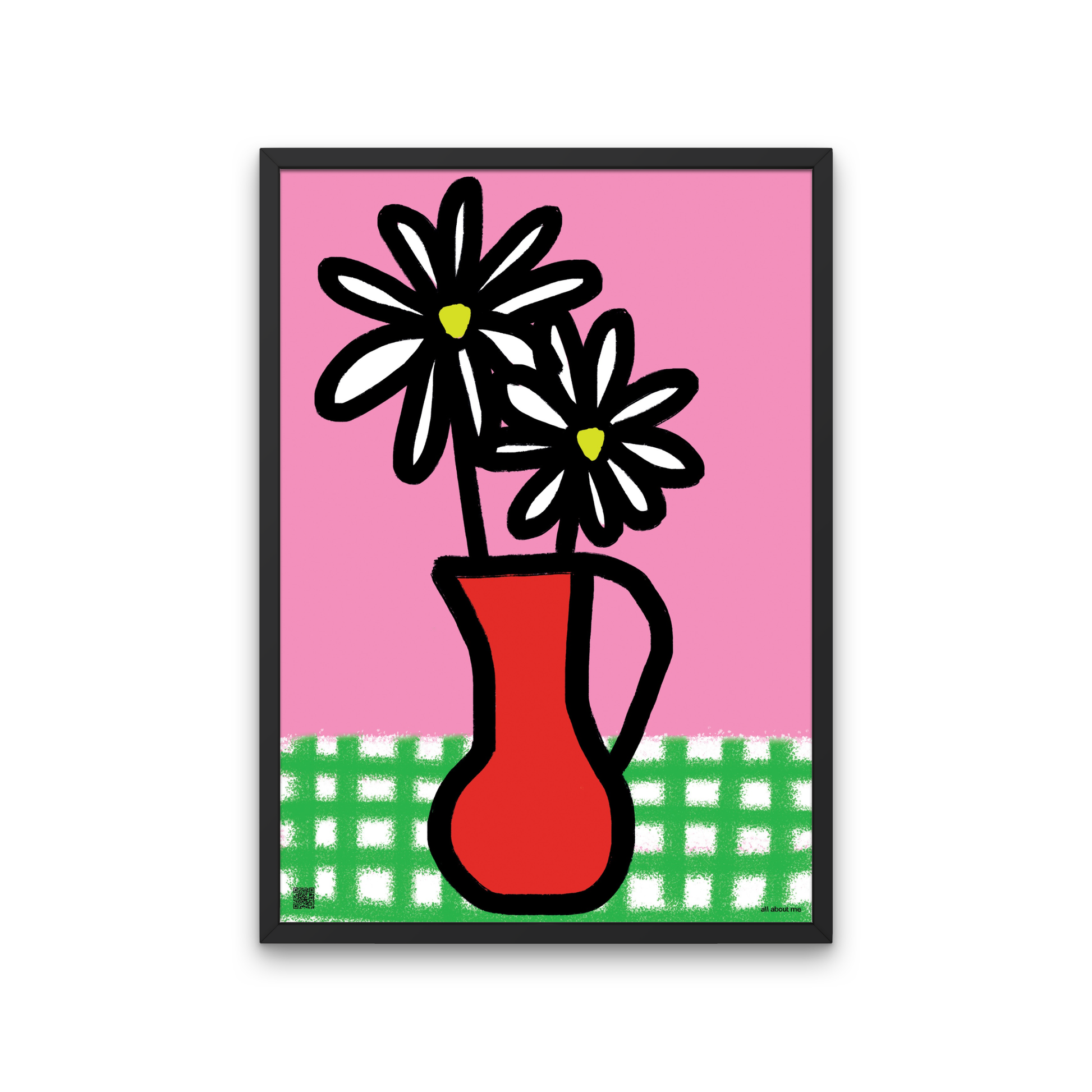 Framed artwork of a red vase with black and white flowers on a pink background