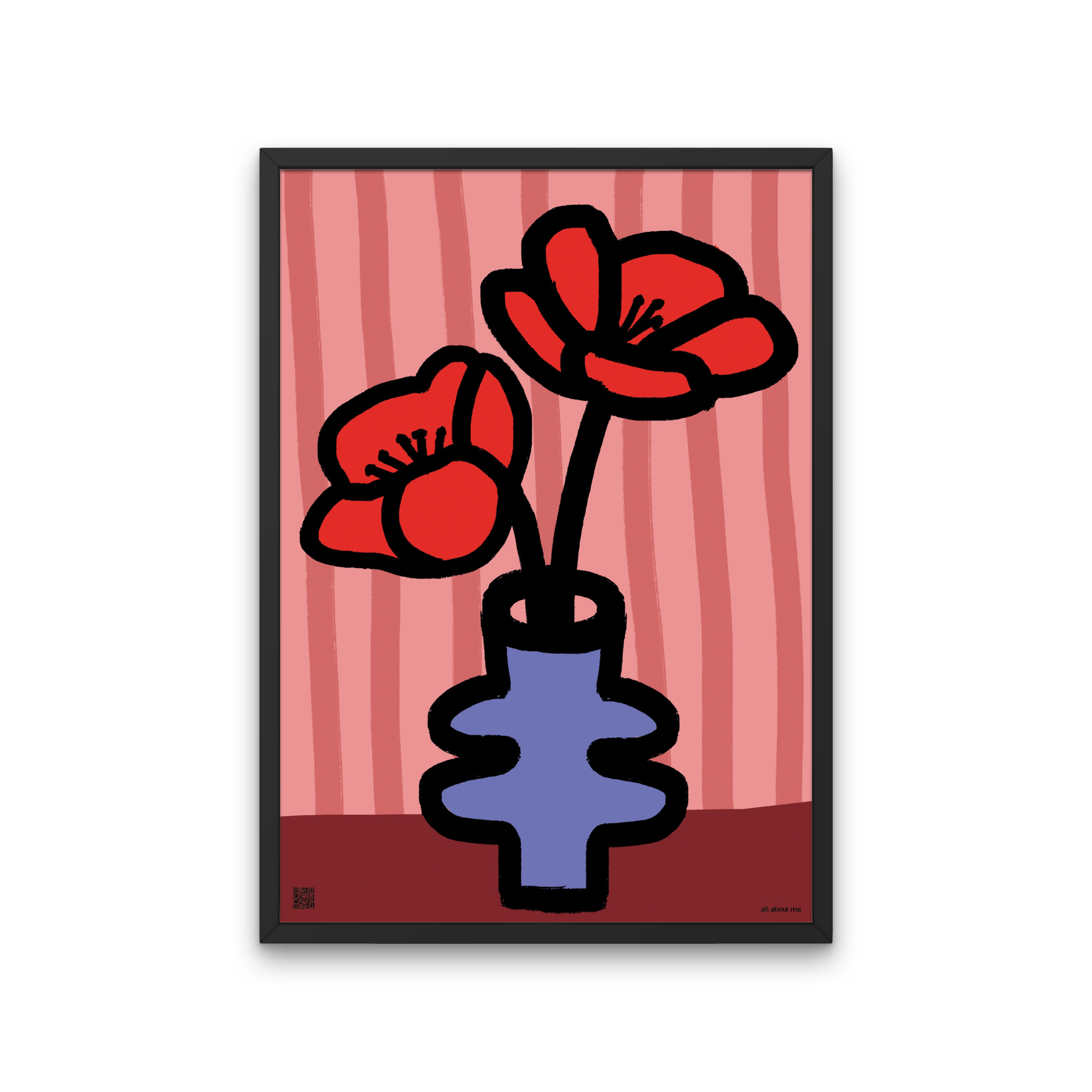 Vibrant Red Poppy birth flower print for August birthdays.
in a lilac vase on a striped background