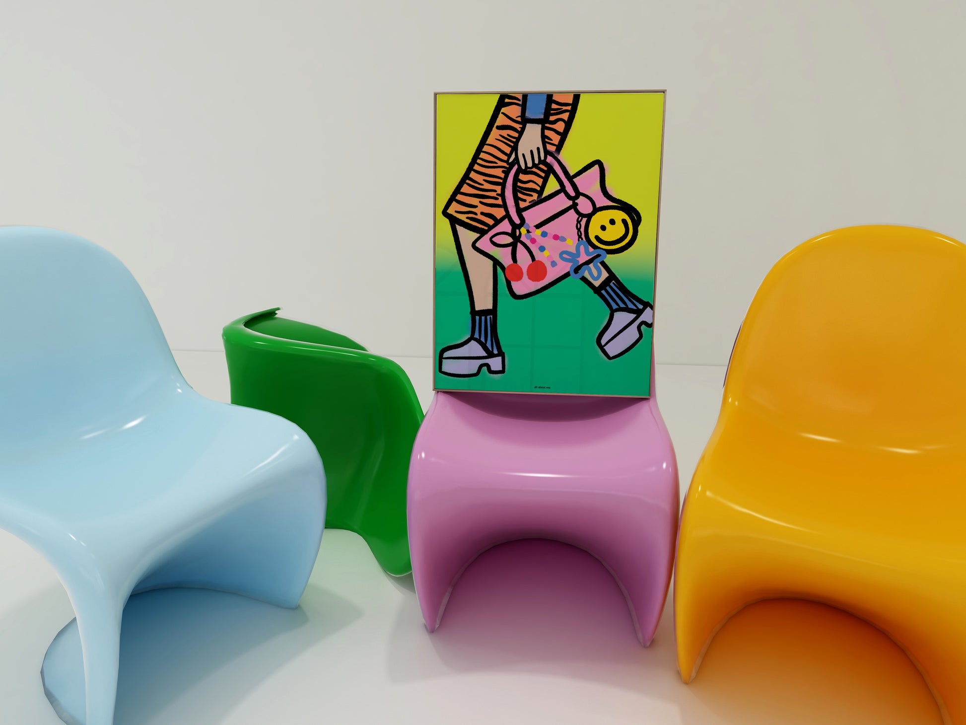 Colorful chairs with a small abstract painting on a white wall
