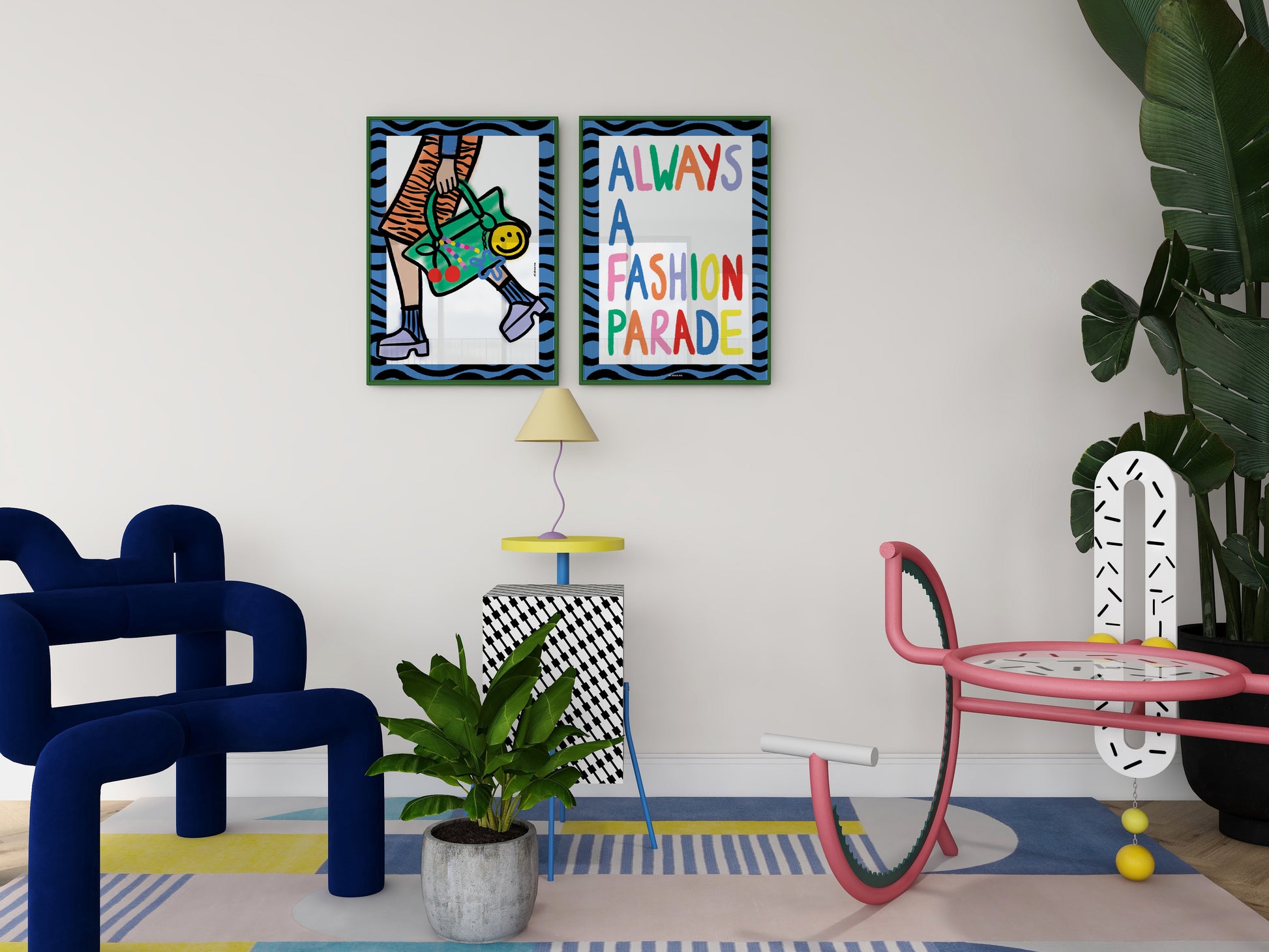 Modern room interior with colorful furniture and wall art