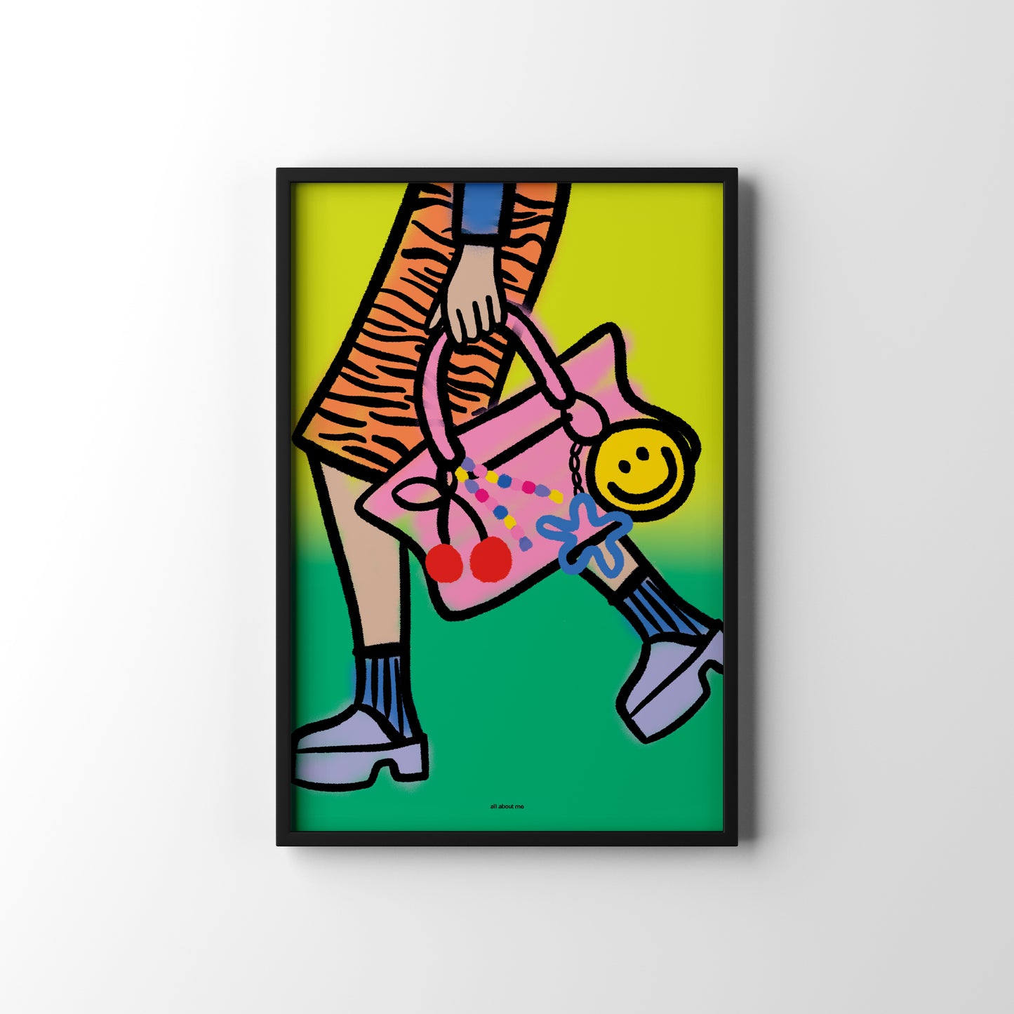 Framed ‘Bags, Charms & Vibes’ female fashion illustration print showcasing gradient trendy accessories smiley keyring and chic style
