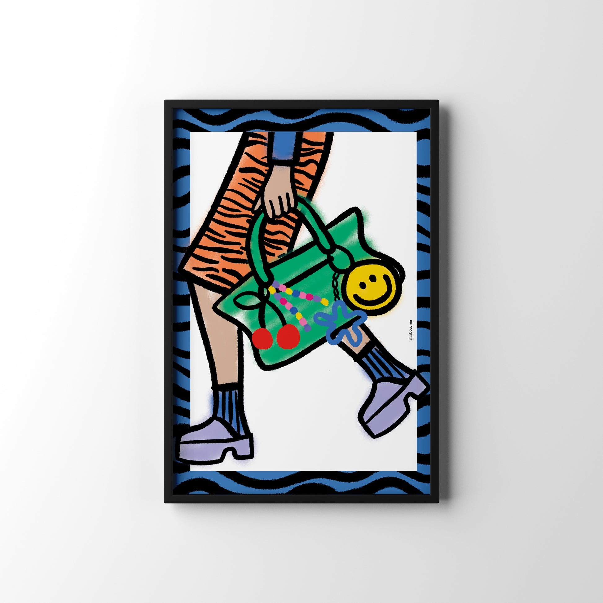Framed artwork of a person holding a green bag with a smiley face on a white background