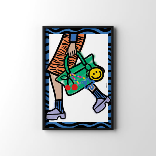 Framed artwork of a person holding a green bag with a smiley face on a white background