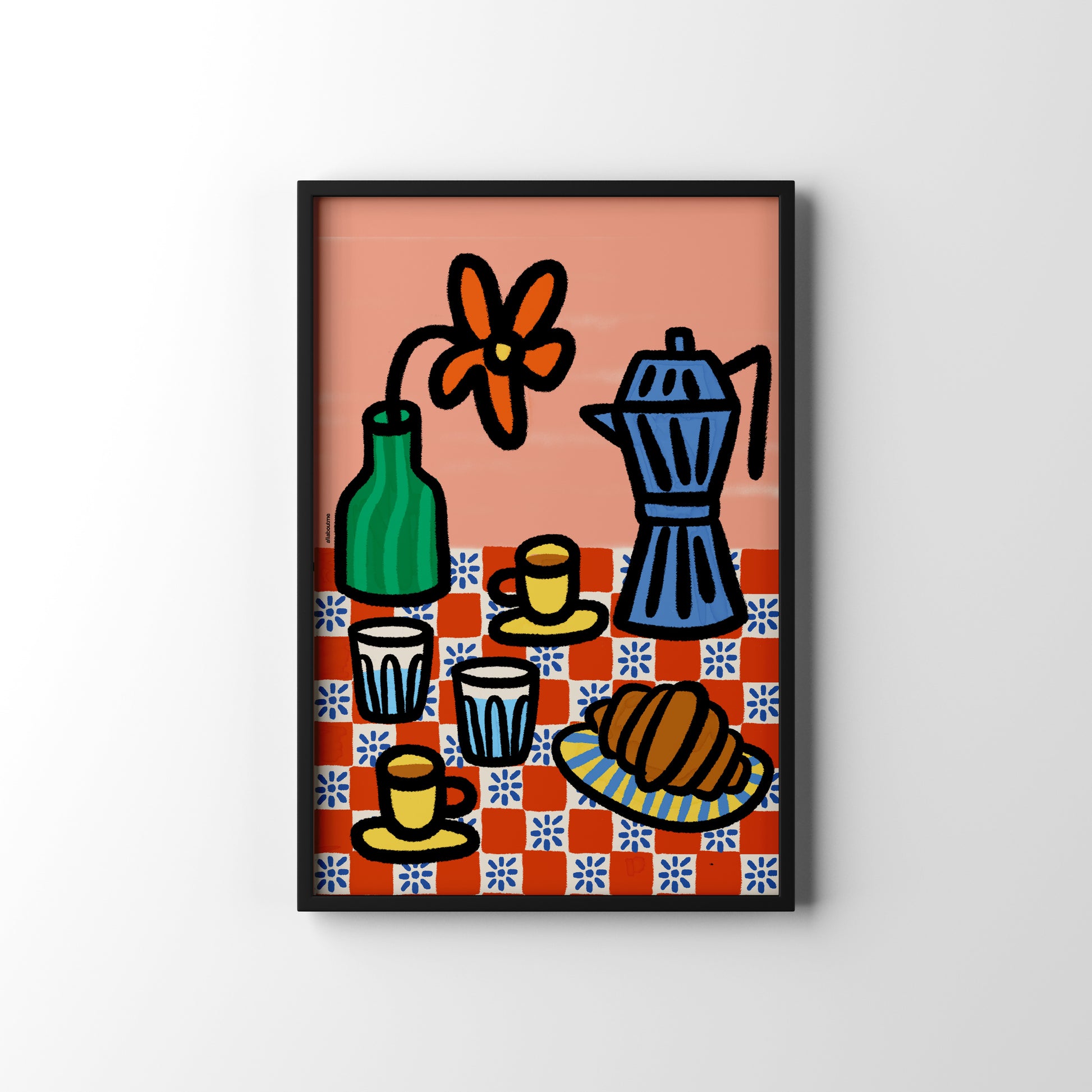 Framed artwork of a colorful still life with coffee-making items on a checkered tablecloth.