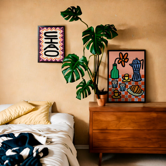 Start your day Italian-style with this Buongiorno Caffè Print. Sicily-inspired coffee illustration in rustic bedroom.
