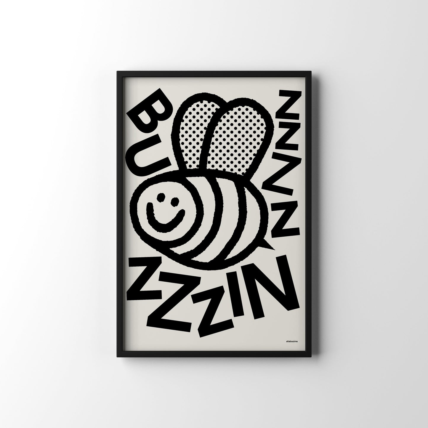 Framed poster with a bee illustration and text on a white background